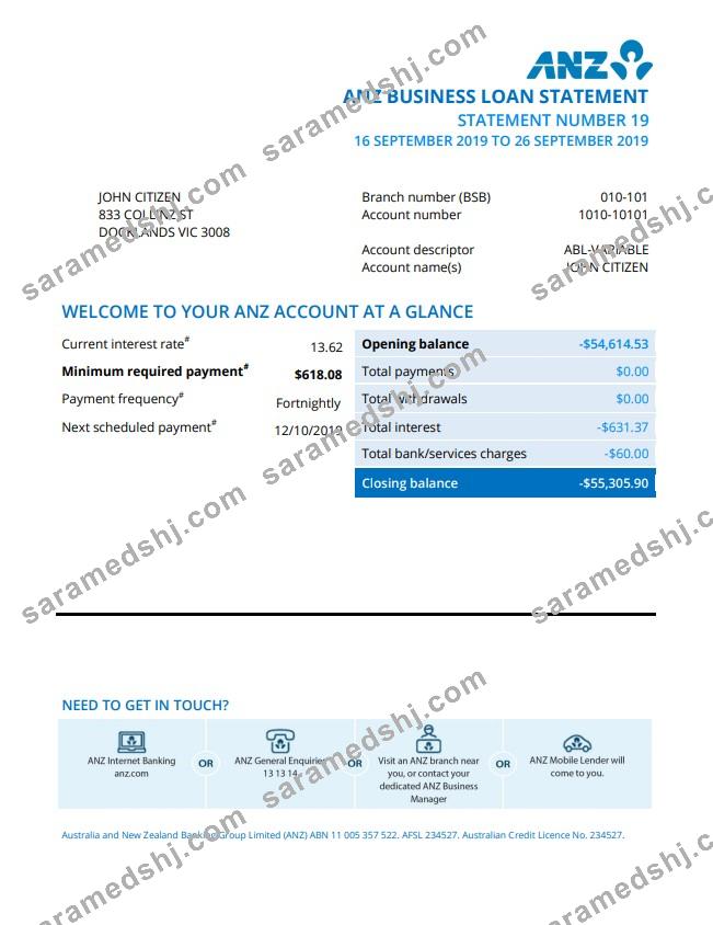 Australia ANZ proof of address bank statement template